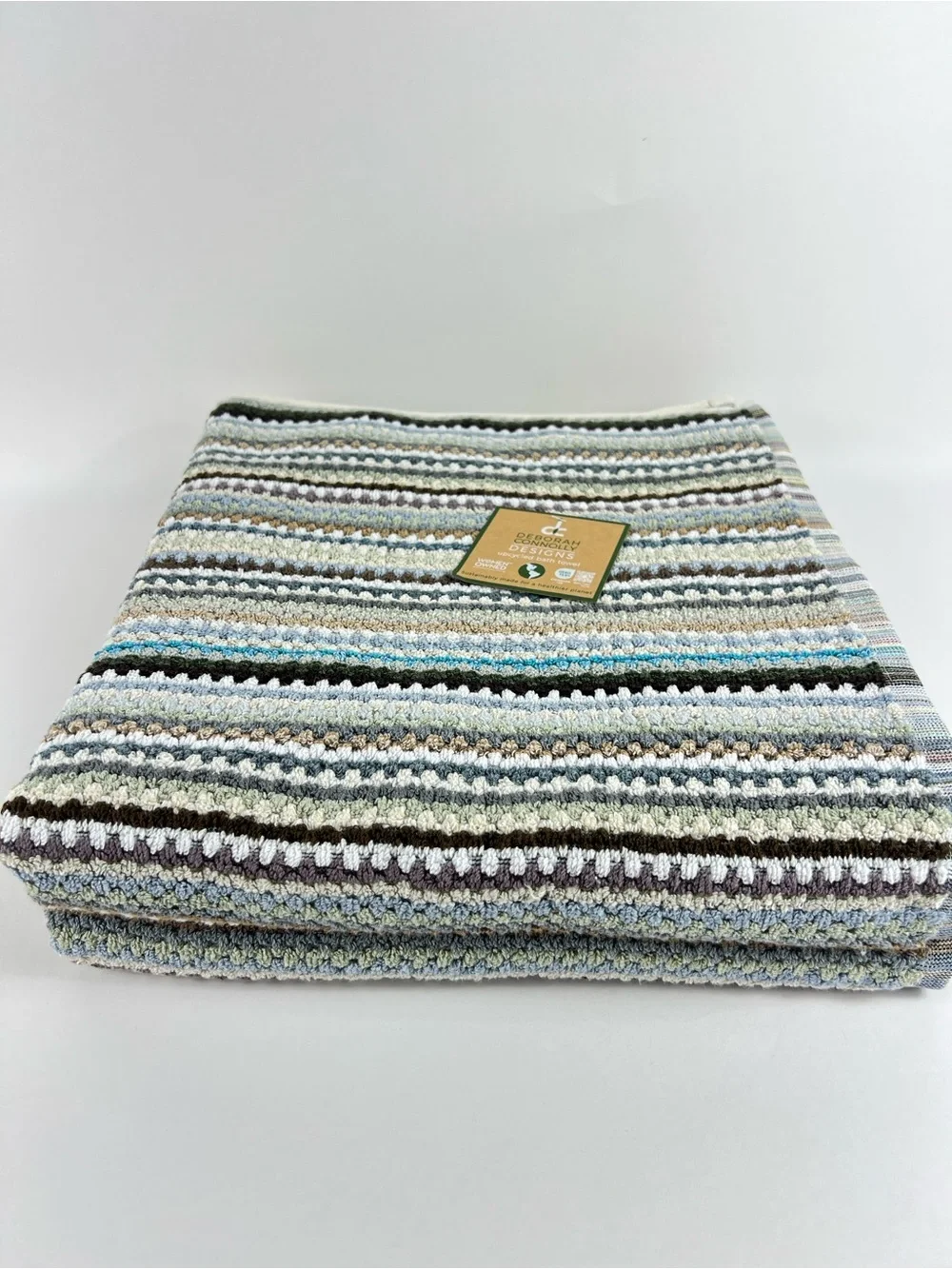 Deborah Connolly Bath Towel Set Striped Brown Green Aqua Cotton 2 Pc Set NEW